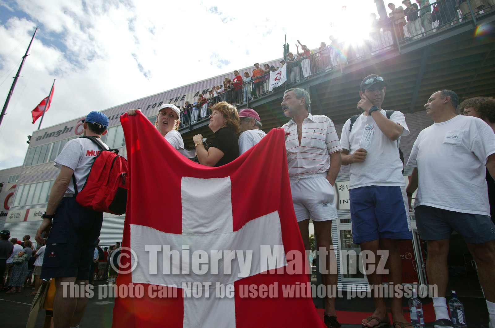 03_0970D © Th.Martinez . Auckland   New Zealand. 18th February 2003 America's Cup 2003, Day 3 Alinghi(SUI64) vs Team New Zealand(NZL82) Swiss team supporters.