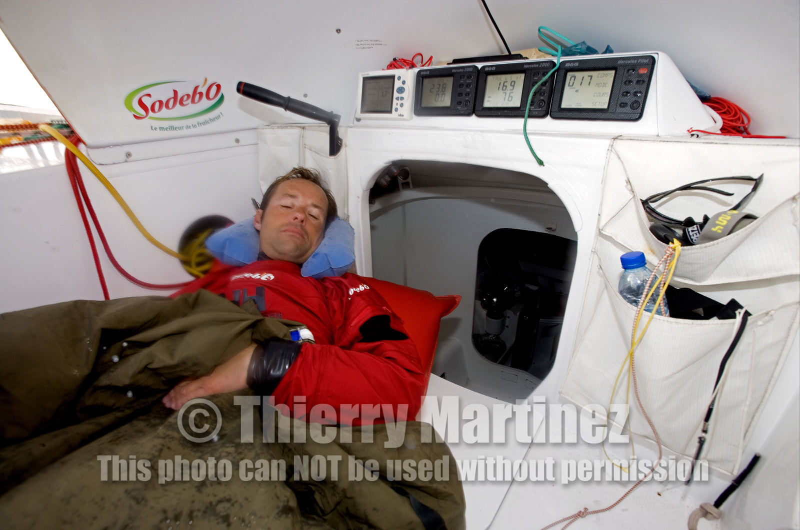 Thomas Coville(FRA) training on board trimaran SODEB'O for 2006 Route du Rhum.
