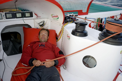 Thomas Coville(FRA) training on board trimaran SODEB'O for 2006 Route du Rhum.