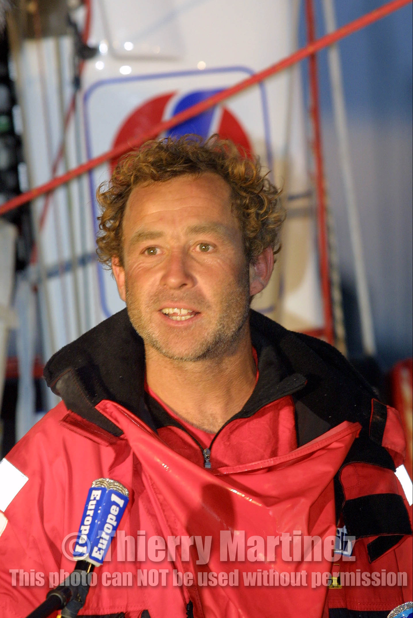©ThMartinez.Vendee Globe  Finish.Les Sables d'Olonne (FRA).13th February 2001..Roland Jourdain (FRA) SILL MATINES LA POTAGERE 3rd in .Single handed round the world race in 96 days 01 h 02 mn 33 seconds..Roland  alias BILOU set up the new record of distance on Open 60'.in 24h: 435,3 miles.