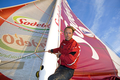 Thomas Coville(FRA) training on board trimaran SODEB'O for 2006 Route du Rhum.