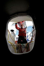 Thomas Coville(FRA) training on board trimaran SODEB'O for 2006 Route du Rhum.