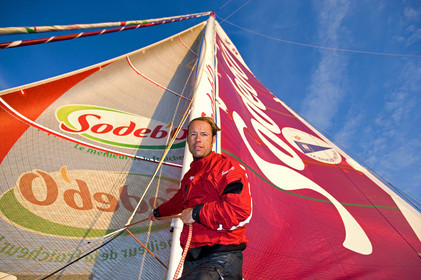 Thomas Coville(FRA) training on board trimaran SODEB'O for 2006 Route du Rhum.