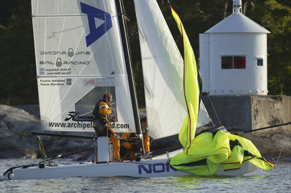 03_3085D   © Th.Martinez,STOCKHOLM ARCHIPELAGO SWEDEN, 8 07 03-Archipelago Raid (2003)  Day 1. Team NOKIA-Adilstam  .Frederik Aldistam (SWe) and Tomas Marimon (SWE)  at finish of leg 1.