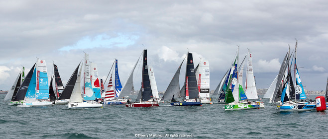 23_21821   © Thierry Martinez. LES SABLES D'OLONNE, 85 - FRANCE 25 septembre 2023.Départ MINI TRANSAT 2023. Départ du Dimanche 24 septembre retardé au Lundi 25 Sept .Les Sables d’Olonne (FRA)    Santa Cruz de la Palma ( Canaries)    St François ( Guadeloupe): 4050 NM.