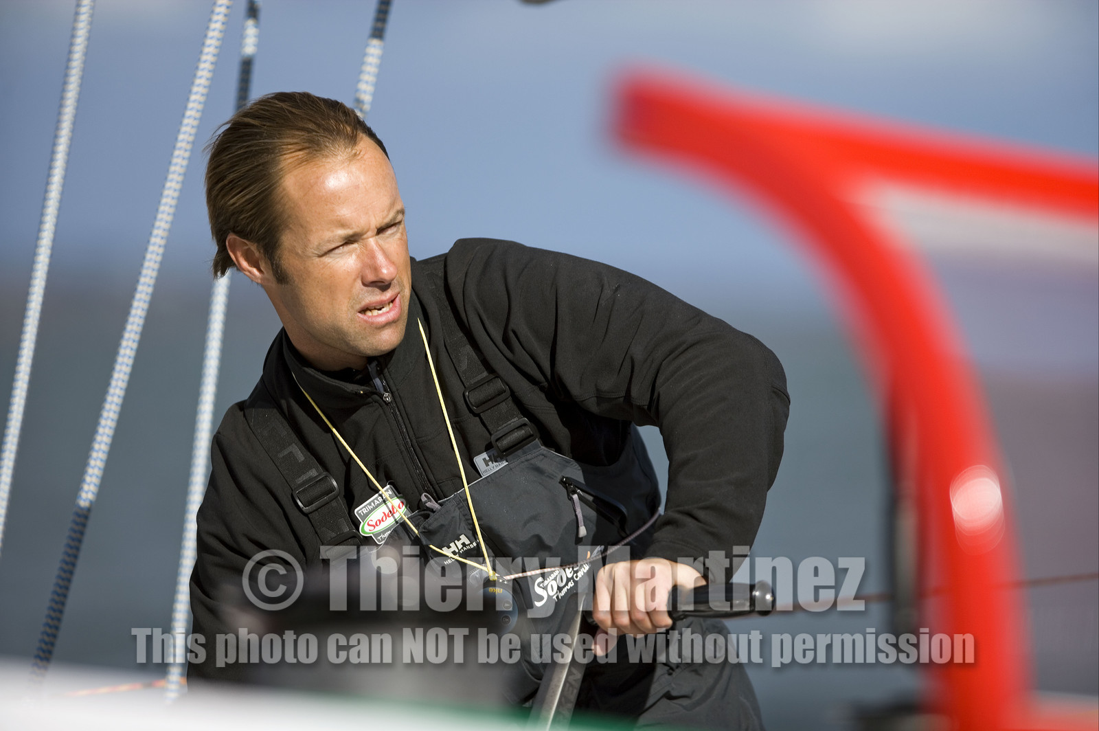Thomas Coville(FRA) training on board trimaran SODEB'O for 2006 Route du Rhum.