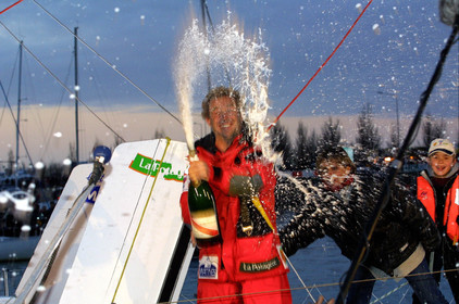 ©ThMartinez.Vendee Globe  Finish.Les Sables d'Olonne (FRA).13th February 2001..Roland Jourdain (FRA) SILL MATINES LA POTAGERE 3rd in .Single handed round the world race in 96 days 01 h 02 mn 33 seconds..Roland  alias BILOU set up the new record of distance on Open 60'.in 24h: 435,3 miles.