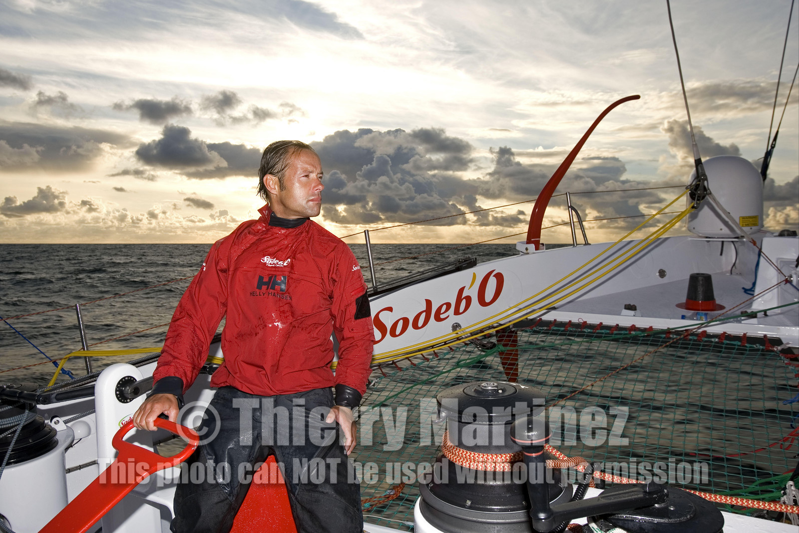 Thomas Coville(FRA) training on board trimaran SODEB'O for 2006 Route du Rhum.