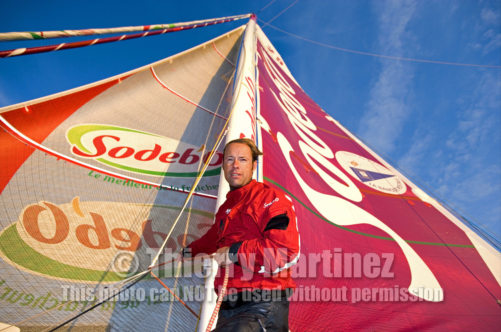Thomas Coville(FRA) training on board trimaran SODEB'O for 2006 Route du Rhum.