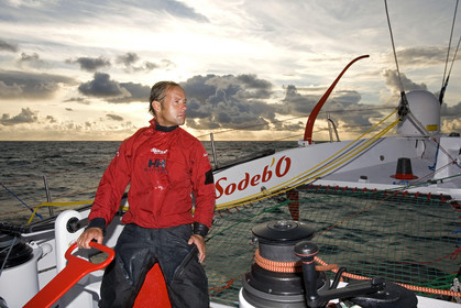 Thomas Coville(FRA) training on board trimaran SODEB'O for 2006 Route du Rhum.