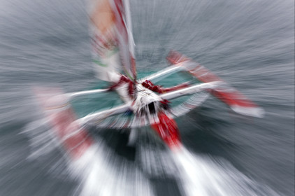 Thomas Coville (FRA) maxi trimaran SODEBO Solo round the world record attempt. Start in Brest (FRA)