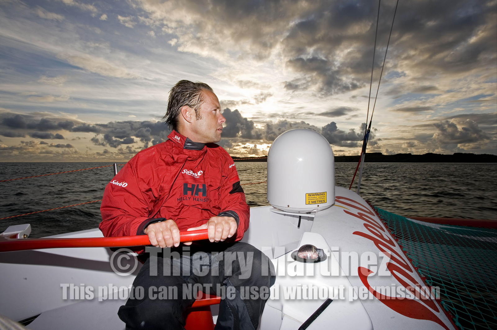 Thomas Coville(FRA) training on board trimaran SODEB'O for 2006 Route du Rhum.