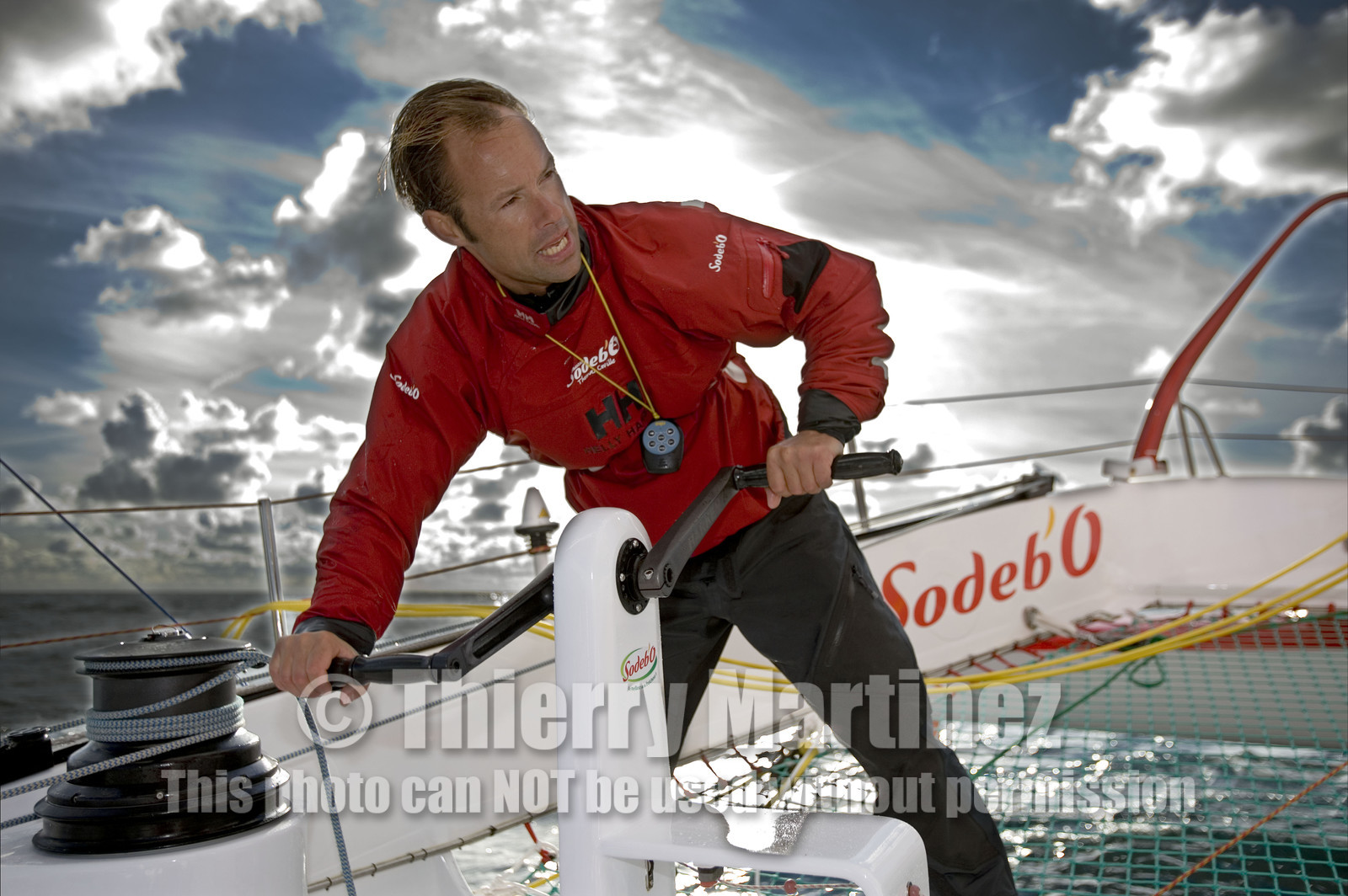 Thomas Coville(FRA) training on board trimaran SODEB'O for 2006 Route du Rhum.