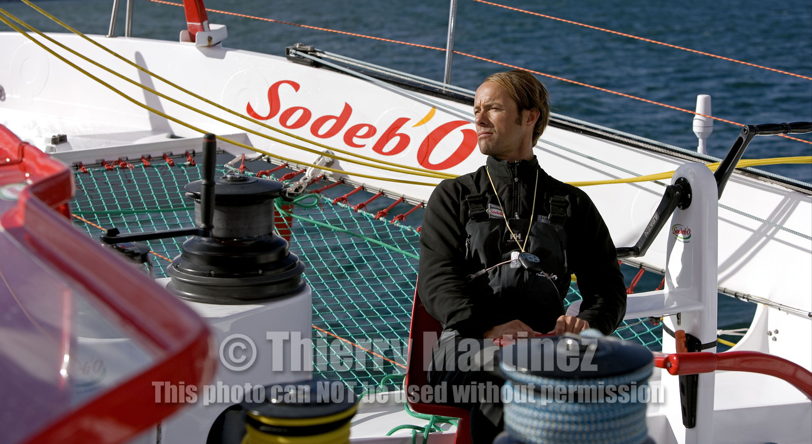 Thomas Coville(FRA) training on board trimaran SODEB'O for 2006 Route du Rhum.