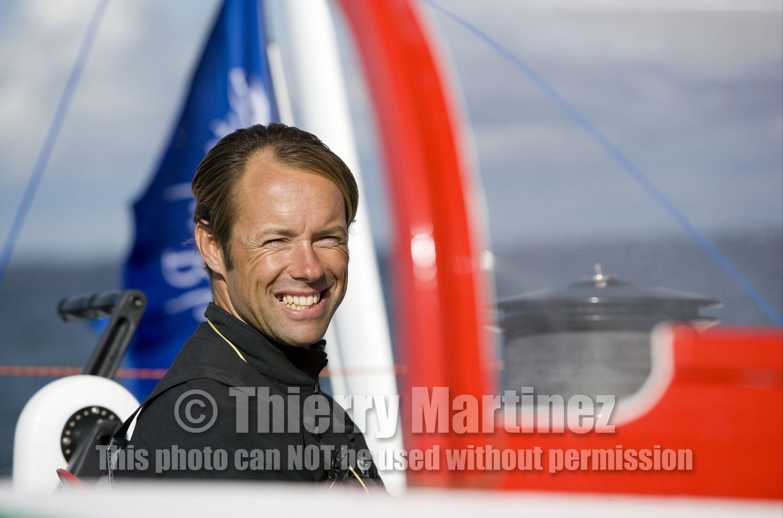 Thomas Coville(FRA) training on board trimaran SODEB'O for 2006 Route du Rhum.