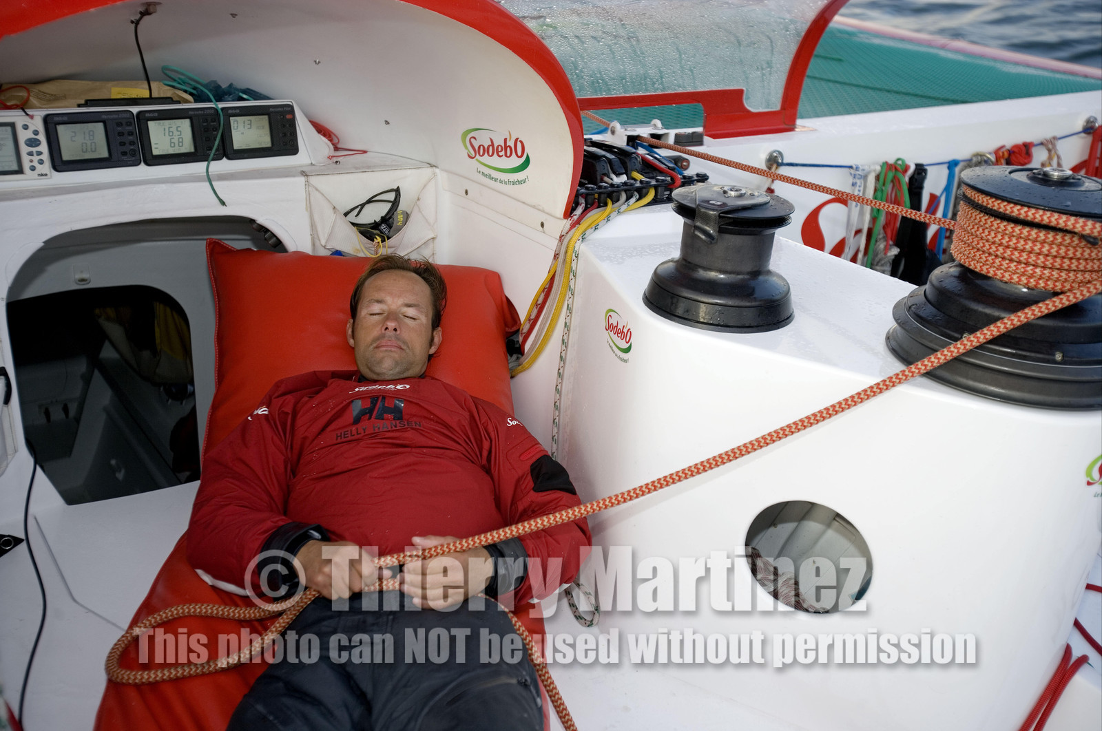 Thomas Coville(FRA) training on board trimaran SODEB'O for 2006 Route du Rhum.