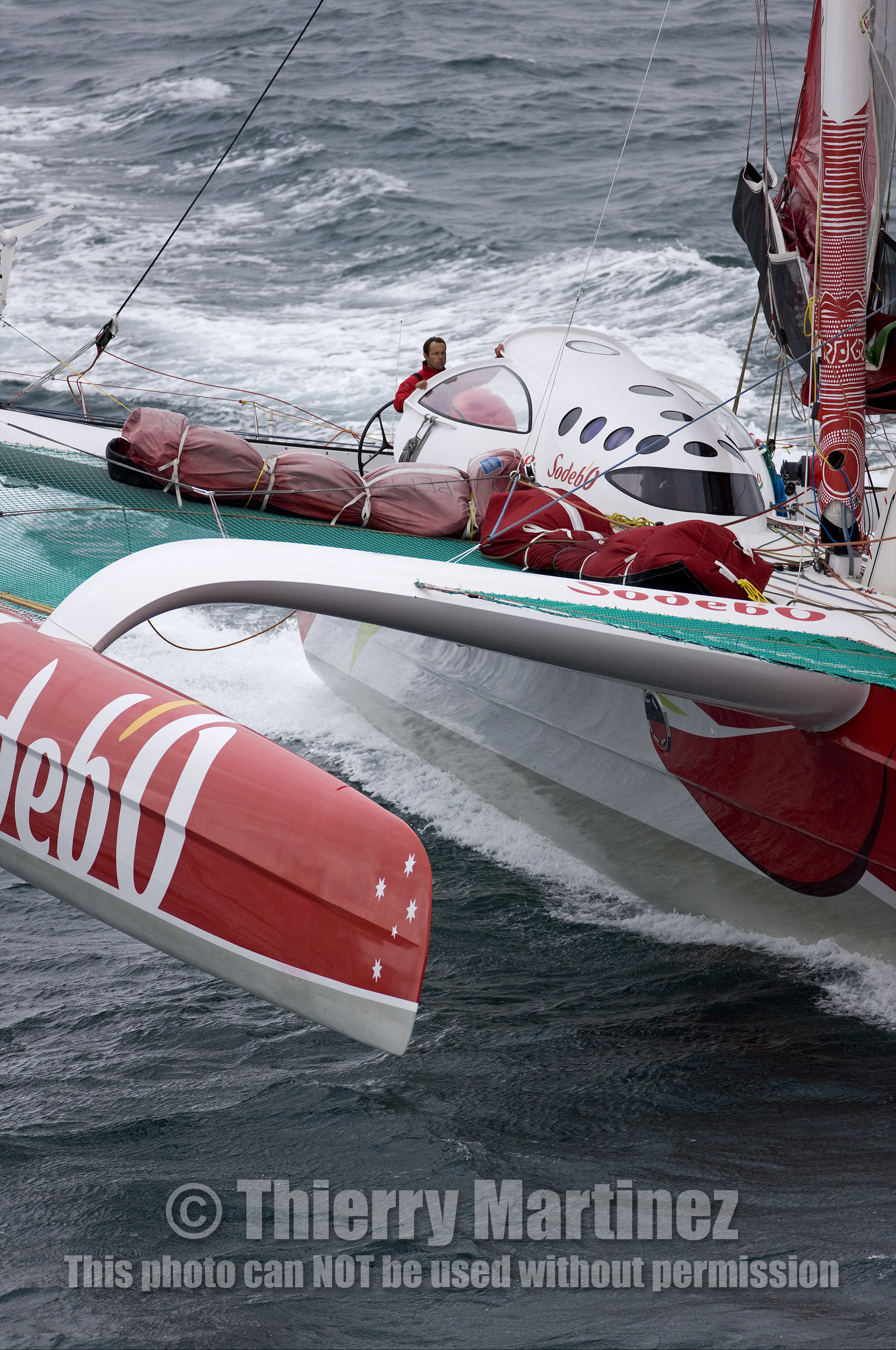 Thomas Coville (FRA) maxi trimaran SODEBO Solo round the world record attempt. Start in Brest (FRA)