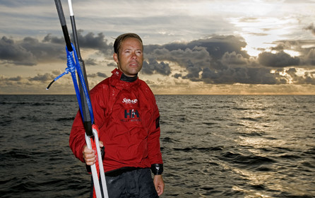 Thomas Coville(FRA) training on board trimaran SODEB'O for 2006 Route du Rhum.